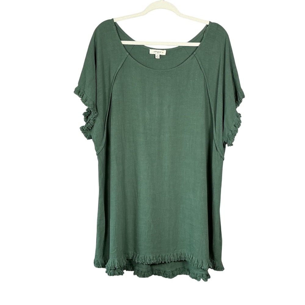 Umgee Green Frayed Fringe Trim Linen Blend Short Sleeve Tunic Top 2XL
